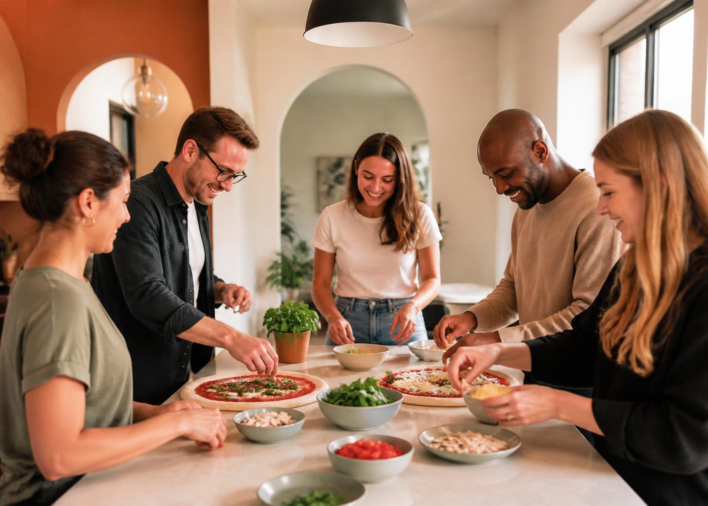 Equipe corporativa preparando pizzas juntas em uma cozinha