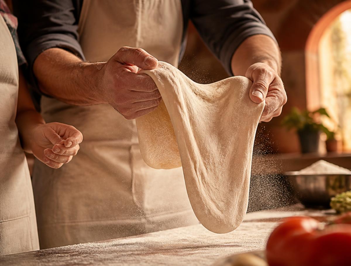 Mãos abrindo massa de pizza com cuidado em cozinha rústica